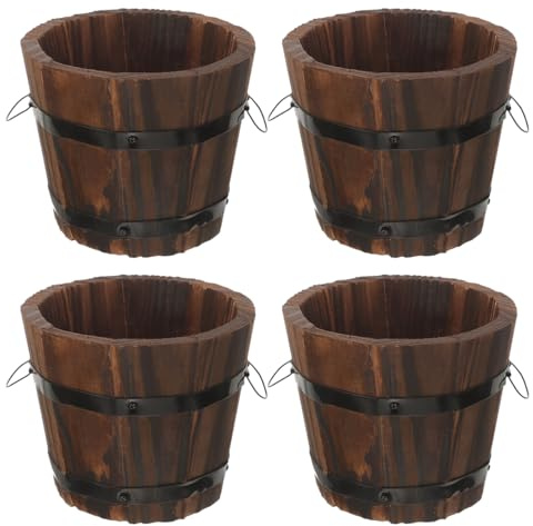 FONDOTIN Small Wooden Barrel Planter Pot 4-Pack Rustic Flower Pots for Indoor Outdoor Garden Patio Succulent Cactus Plant Containers
