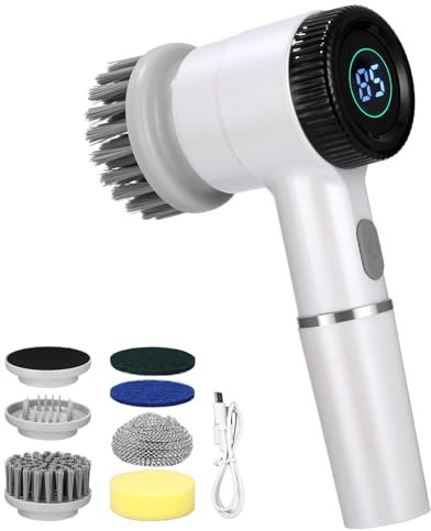 TIDEVAN 5 in 1 Spazzola Elettrica Rotante Scrubber Elettrico Senza Fili Spazzola Elettrica Spin Scrubber con 5 Testine Sostituibili, 3 Velocità, Display a LED, per Bagno/Cucina/Parete/Piastrelle