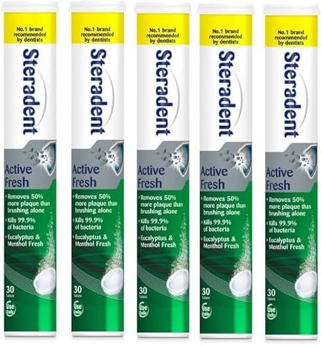 Steradent Active Fresh Denture Cleaning Tablets 30 - Daily Denture Cleaning Bundle Tablets - Pack of 5