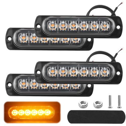 4 PCS Car Strobe Flashing Light Amber 12V-24V 6 LED Safety Emergency Light Bar LED Breakdown Beacon Strobes Hazard Warning Light Waterproof Universal for Car Motorcycle Off-Road Vehicle Truck Boat