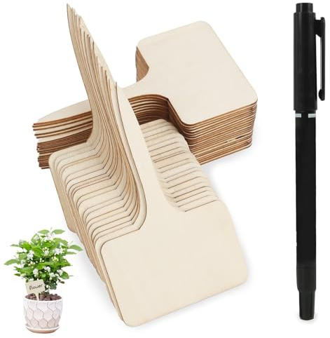 50pcs Wooden T-Type Plant Labels with Marker Pen Set, Eco-Friendly Bamboo Garden Tags for Seedlings, Herbs, Flowers, Vegetable Identification in Outdoor, Greenhouse, and Potted Gardens, 6x10 cm