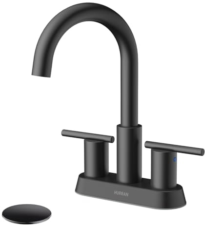 Hurran 4 Inch Bathroom Faucet for Sink 3 Hole, Matte Black Bathroom Faucet with Pop-up Drain and 2 Supply Hoses,Stainless Steel Lead-Free 2-Handle Centerset Faucet for Sink Vanity RV
