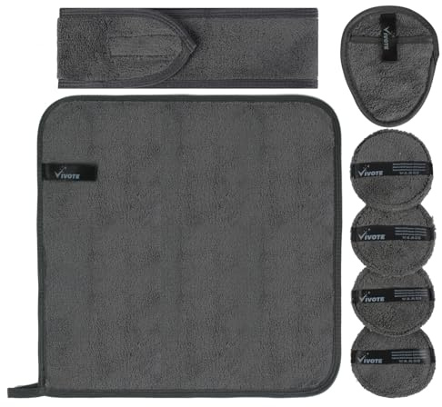 VIVOTE Lot de 7 tampons démaquillants en microfibre avec bandeau spa, chiffon de maquillage réutilisable avec sac à linge, lingettes nettoyantes pour le visage, serviettes lavables pour le visage