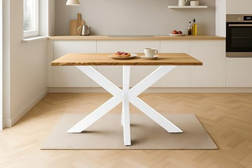 SAM Esstisch Salvador | 140 x 80 cm | Eiche massiv + geölt | Baumkante | Spider-Gestell Metall Weiß | pflegeleichter Esszimmertisch/Küchentisch/Eichenholz-Tisch/Holztisch aus Wildeiche