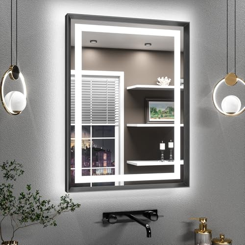 TETOTE Badspiegel mit Beleuchtung Schwarz Metallrahmen 60x80cm, Badezimmerspiegel Beleuchtet Beschlagfrei Wandspiegel Led Bad Spiegel mit Touch-Schalter, 3 Lichtfarben Dimmbar Speicherfunktion