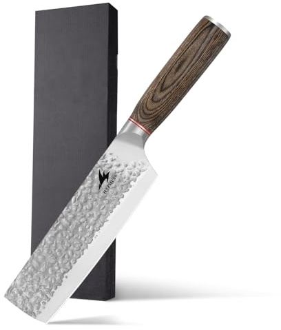 HAZMUSS Couteau Nakiri Japonais Martelé de 16,2 cm, Couteau de Chef Japonais en Acier Inoxydable à Haute Teneur en Carbone, Manche Confortable en Bois de Pakka Pour la Maison et La Cuisine