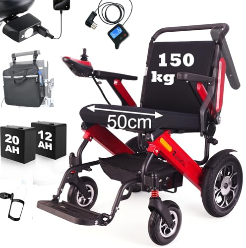 WEYRAL Silla de ruedas eléctrica plegable (roja), batería de litio de 20 Ah y 12 Ah, 50 + KM, silla de ruedas eléctrica, con control trasero, silla de ruedas eléctrica de hasta 150 kg, para personas