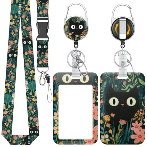 Uniclife Fashionabel glidande ID-korthållare med kattgräs-mönster plastkortfodral med infällbart band, karbinhake och avtagbar slinga vertikal kortskydd för kontorsarbetare, lärare