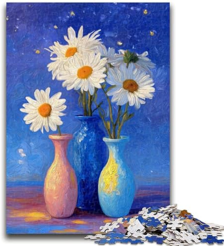 Puzzle 1000 pièces pour Adolescents, Cadeau Trois vases avec Marguerites Blanches, Puzzle 1000 pièces, Staycation Kill Time avec pièces entièrement emboîtables de Formes aléatoires 38x26cm