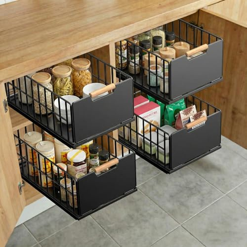 4 Stück Teleskopschublade Ausziehbare Schublade Küche, Slide Out Schubladen Organizer Mit Schubladenschienen und Kleber, Metall Pull Out Drawer für Küchenschränke(40T x 25B x 18H CM) - Ohne Bohren