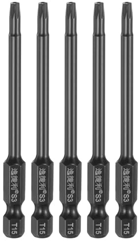 QUARKZMAN 5pcs T15 Torx Destornillador Punta, Barrena Magnética de Seguridad 1/4 Vástago Hexagonal con Agujero Antimanipulación Acero S3 6 Estrella Puntas Pulido Espejo, 75mm Largo