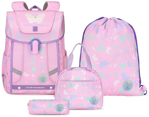Amythe 4 st skolväskeset, pojkar, flickor, ergonomiska ryggsäcksklasser 1–5 med reflekterande remsor och avtagbar midjerem för åldrarna 6–12, klassrum, fältresa, Rosa, M