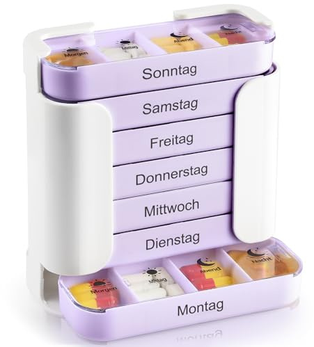 Tablettenbox 7 Tage 4 Fächer [XL Große Kapazität] - Pillendose Morgens Mittags Abends Nacht mit langlebigem Druck - Medikamentendosierer für Fischöl & Vitamine, Sicherer Verschluss & BPA-Frei