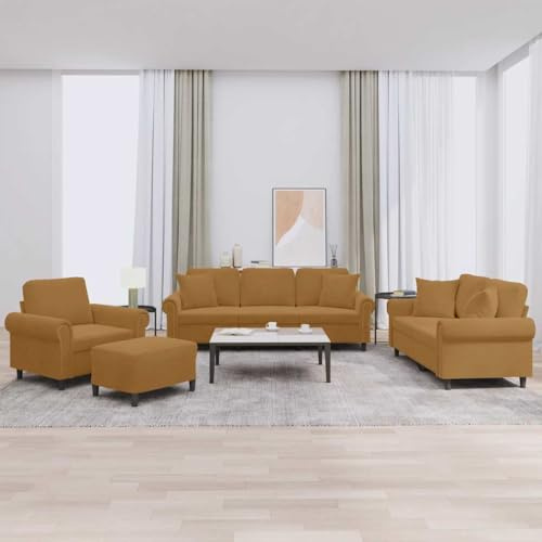 GeenYuu 4-TLG. Sofagarnitur mit Kissen, Braun, Samt, mit Sessel, 2-Sitzer, 3-Sitzer & Hocker, für Wohnzimmer & Lounge, Robustes Design