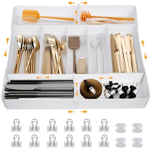 OSTWOLKE Ausziehbarer Besteckkasten für Schubladen, 27-51cm breit, Weiß, mit Teleskop-Trennern, 12 Clips und 4 Rutschfeste Saugnäpfen, Verstellbarer Besteck Organizer für Küche