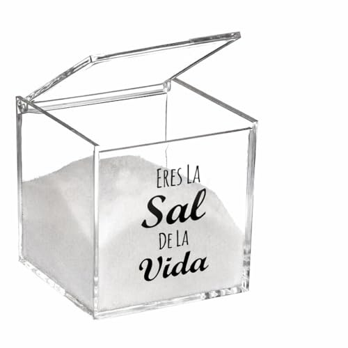 Pcmoviles Salero de Metacrilato Cuadrado, Transparente con Texto Eres la Sal de la Vida, 10 cm, Tapa Roscada con Dispensador Ajustable