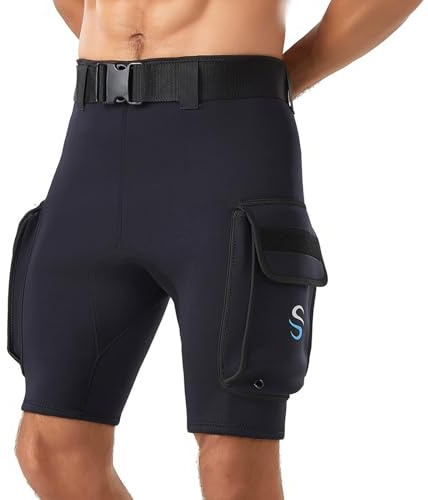 S,Pantalones Cortos de Pesca Submarina para Hombre en Neopreno 3 mm con Cinturón, Shorts de Buceo con Bolsillos de Drenaje Dobles para Buceo, Apnea, Surf y Snorkel