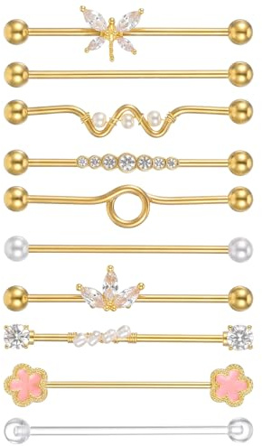 10 Pcs Industrial Piercing Jewellery, Gold Scaffold Piercing Jewellery | 4.6 cm, Stainless Steel, for Cartilage Helix Piercings