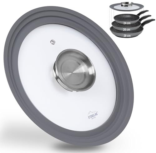 STONELINE Couvercle en Verre Multifonctionnel 24/26/28 cm, avec Bord en Silicone et Pommeau Fonction Aromatique, 3 Tailles, Couvercle pour Poêles et Casseroles de Taille Correspondante