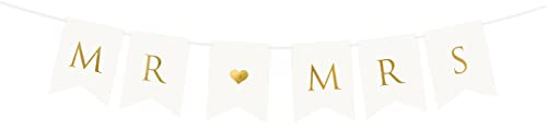 PartyDeco Girlande Mr and Mrs 15x85cm Banner mit Herz Papiergirlande Hochzeit Hochzeitsdeko weiß Gold