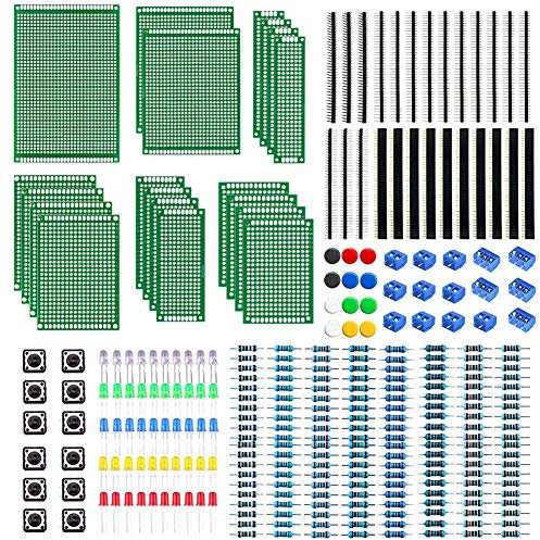 WayinTop Doppelseitig PCB Board 6 Größen mit Elektronik Komponenten Kit, 2,54mm Stiftleiste + 2/3 Pin Screw Terminal Block + Widerstände Sortiment 10-1M Ohm+ 5mm Led Dioden + Tactile Tastschalter
