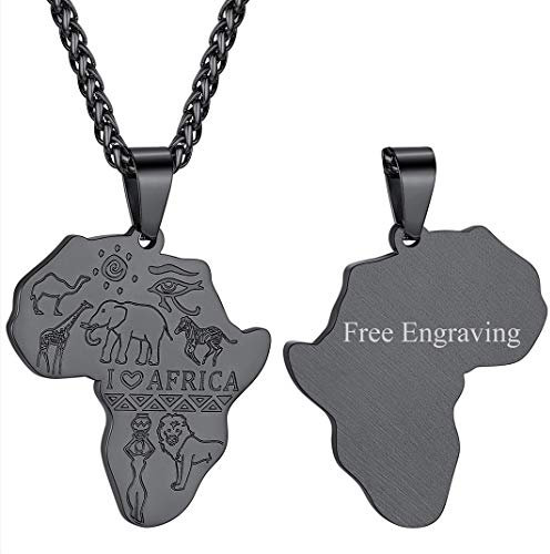 Edelstahl Damen Afrika Karte mit I LOVE AFRICA Gravur mit Eingravierten Namen Tier Afrika Kartenanhänger Profil Landkarte von Afrika Anhänger Biker Schmuck-Accessoires in Schwarz mit 56cm+5cm Kette