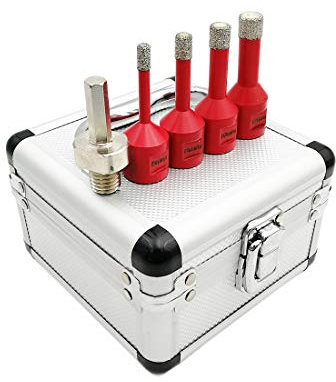 SHDIATOOL 5 Pezzi/Set di Punte Diamantate per Trapano con Alluminio Scatola 6/8/10/12mm e Adattatore per Porcellana Piastrella Granito Marmo Taglio a Secco