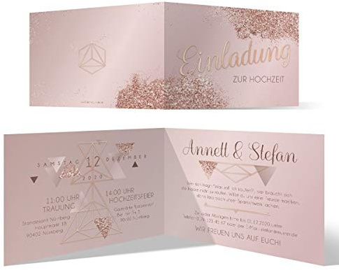 20 x Hochzeitseinladungen individuell DIN A6 Klappkarte 148x105mm - Rosegold Design
