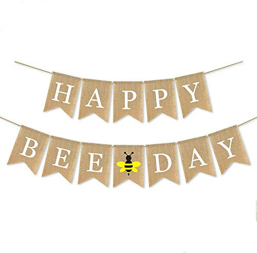 SWHATYW Burlap Happy Bee Day Banner Boy Girl Bumble Bee Themed Birthday Party Decoration