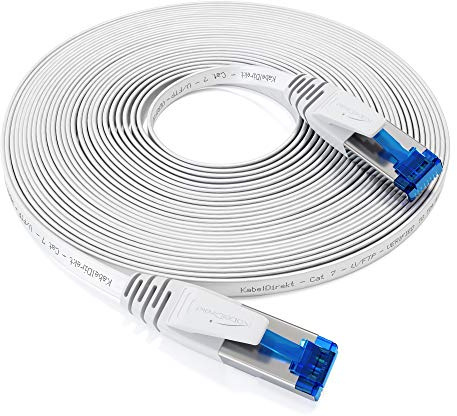 KabelDirekt – Platt CAT7 Ethernet-kabel 10Gbit/s – 15m | 10Gbps för maximal glasfiberhastighet, RJ45-kontakt, speciellt flexibelt, lämpligt för montering, vit