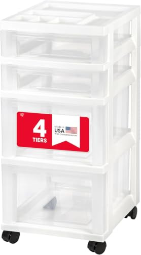 IRIS USA Kunststoff-Schubladenaufbewahrung, Organizer, Rollwagen, mit Rollen, 4 Schubladen, für Klassenzimmer, Kunsthandwerk, Kommode, Schrank, Badezimmer, Waschküche, weiß/transparent