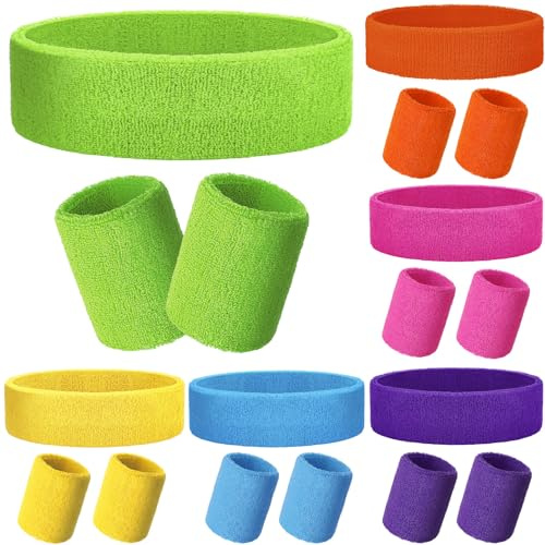 Skylety 18 Pcs 80s Neon Sweatband Set,12 Colorful Wristband Elastic Athletic Sweatband 6 Headband Sweat Wicking Tennis Basketball Sport Competition Supplies for Men Women Gym Running(Fresh Colors)