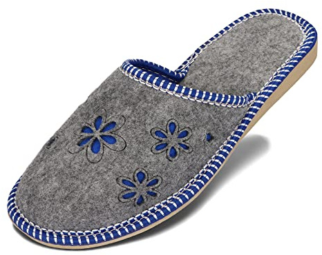 BeComfy Zapatillas de Mujer Zapatillas de Fieltro Ligero con Flores Bordadas en Gris 36-41 EU (Azul-Gris, Sistema tallas calzado EU, Adulto, Números, mediano, 38)