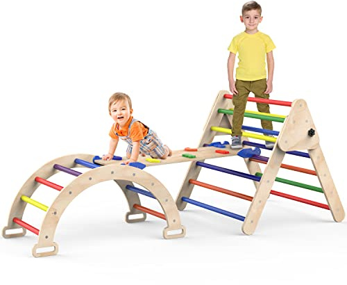 Triangle Climbing Toys, Foldable Climbing Triangle Ladder Toys with Ramp for Sliding or Climbing, Set of 3 Wooden Safety Sturdy Kids Play Gym, Indoor Outdoor Playground Climbing Toys for Toddlers
