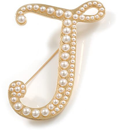 Grande broche « J » en plaqué or avec fausses perles blanches et initiale J - Cadeau personnalisé - 60 mm de haut, taille unique, Fausses perles, pierres précieuses, métal