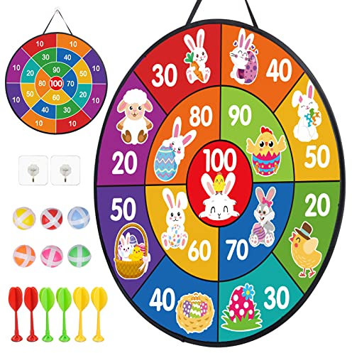 LAMEK 66cm Ostern Tier Dartscheibe Kinder Klett Dartspiel Doppelseitige Klettballspiel mit 6 Klebrigen Bällen 6 Darts Wurfspiel Drinnen Draußen Dart Scheibe für Jungen Mädchen Osterzeit Geburtstag