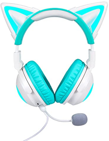 NEW MIKO-V Wireless Cat Ear Headphones (12 Color Changing) Seven Blink Mode, With Connectable Attachable HD Mic & Mic mute button,3.5mm Jack, Gaming for PS4, PS5, Xbox One, PC, Phone (Green)