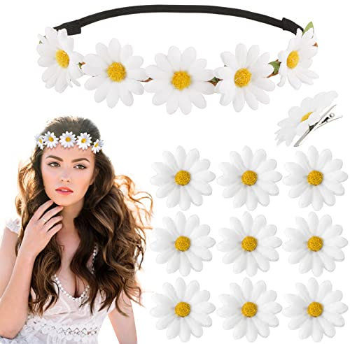 BETESSIN Blumen Haarband Sonnenblumen Stirnband mit 10 Haarspangen Gänsenblümchen Haarschmuck Weiß Haarreif Blumenkranz Damen Mädchen Strand Hochzeit Reise Karneval Party Kopfschmuck
