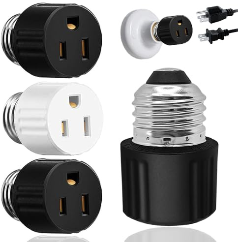 Light Socket to Plug Adapter, Convert Light Bulb Socket to Outlet Adapter,2/3 Prong E26 Base Screw in Outlet Socket for Camera Garage Porch,3 Pack (2 Black 1 White)