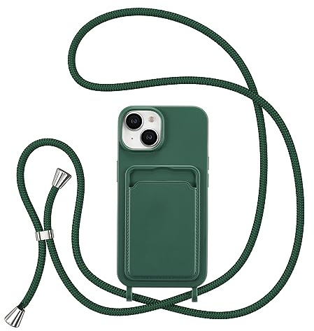ZTOFERA Crossbody Lanyard Case for iPhone 13 / iPhone 14 with Card Holder, Soft Liquid Silicone Phone Case with Strap Adjustable Neck Cord Necklace Shockproof Protective Cover - Dark Green