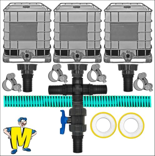 MegaHaustechnik Verbinder Set für IBC Tank, Zubehör komplett Volldurchlass | S60x6 Grobgewinde Ø 60 x 6mm Gewindesteigung Container, Massive Schellen, Dichtband, Schlauchtülle-Außendurchmesser 32mm