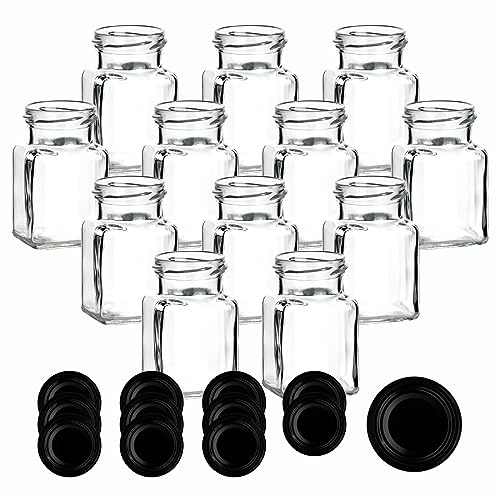 gouveo Set di 12 barattoli per conserve 150 ml quadrati con coperchio a vite nero opaco - vasetti piccoli con tappo a vite - vasetti per marmellata vuoti, barattoli per conserve (EGE150SZ)