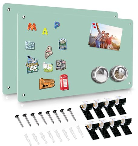 Green 2Pack Magnetic Board,17.5 x 11.4 Magnet Bulletin Board to Display Magnetic Notes, Poetry, Photos, Suitable for Wall, Refrigerator, Cabinet etc, Come with 4 Pcs Dual Lock Tape and Screws