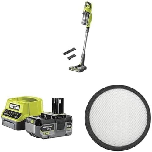 Ryobi - Aspirateur balai 18V - 60 AW - 620 L/min - 600 mL - Se maintient droit - Livré avec 1 filtre, 1 brosse motorisée, 1 tête de 24 cm, 1 suceur plat- 1 batterie 4Ah et 1 chargeur rapide