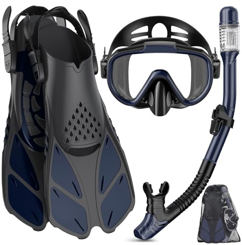 Ubekezele Snorkeling Gear for Adults Men Women,4 in 1 Snorkel Set with Panoramic View Diving Mask Anti-Fog Anti-Leak,Dry Top Snorkel,Fins and Travel Bag for Swimming,Snorkeling and Travel Diving