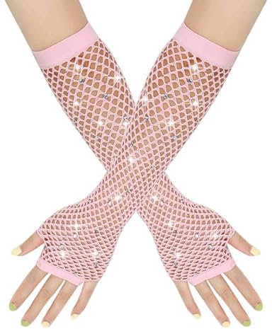 Damen Netzhandschuhe Glänzende Fingerlose Handschuhe Lange Fischnetz Armstulpen Mesh Handschuhe Karneval Party Kostümzubehör Opernhandschuhe Abendhandschuhe Glitzer Touchscreen (Pink, One Size)