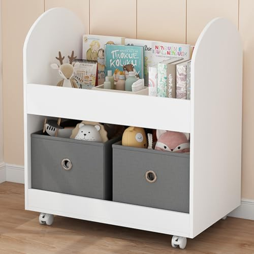 Shally Dogan Scaffale 2 Ripiani in Legno e 2 Cassetti in Tessuto, Libreria con Ruote per Bambini, Scaffalatura Portaoggetti Portatutto Versatile, Armadietto Mobile Moderno con Ruote Girevoli