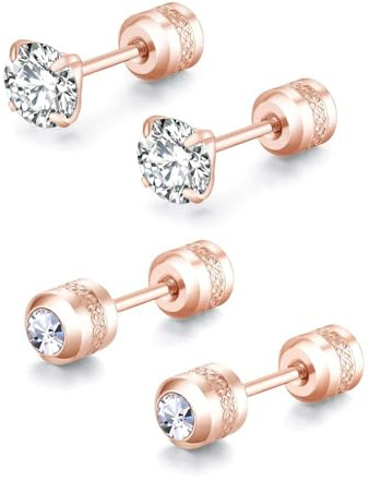 ZOCOYUU 2 Pairs Stud Earrings Set,Hypoallergenic 5A Cubic Zirconia 316L Stainless Steel CZ Screw Back for Men,Women,Boys & Girls