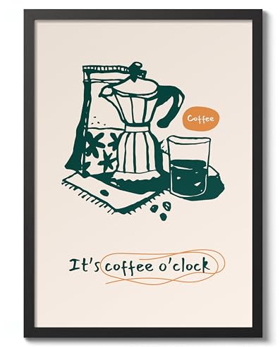 It'S Coffee O'Clock Kitchen Poster, Cooking Baking Quotes Prints, Kitchen Line Food Illustration Wall Art, Funny Humour Quotes Home Decor, Archival Matte, A5 (Black Frame) - 21x14.8cm