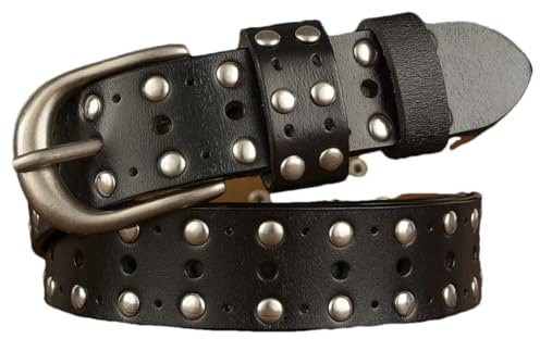 Niiyyjj Cinture da uomo in vera pelle traforata stile western, stile punk, con borchie e rivetti, Nero , 110 cm